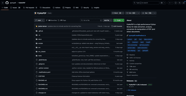 [사진 4] PyMuPDF Github 페이지 장면