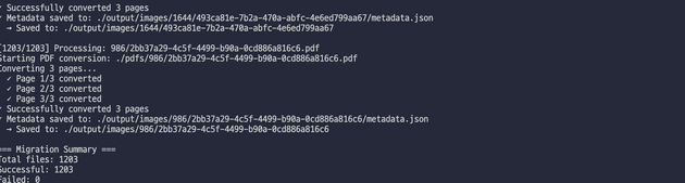[사진 7] 로컬에서1200개의 PDF를 이미지로 변환하여 마이그레이션한 장면